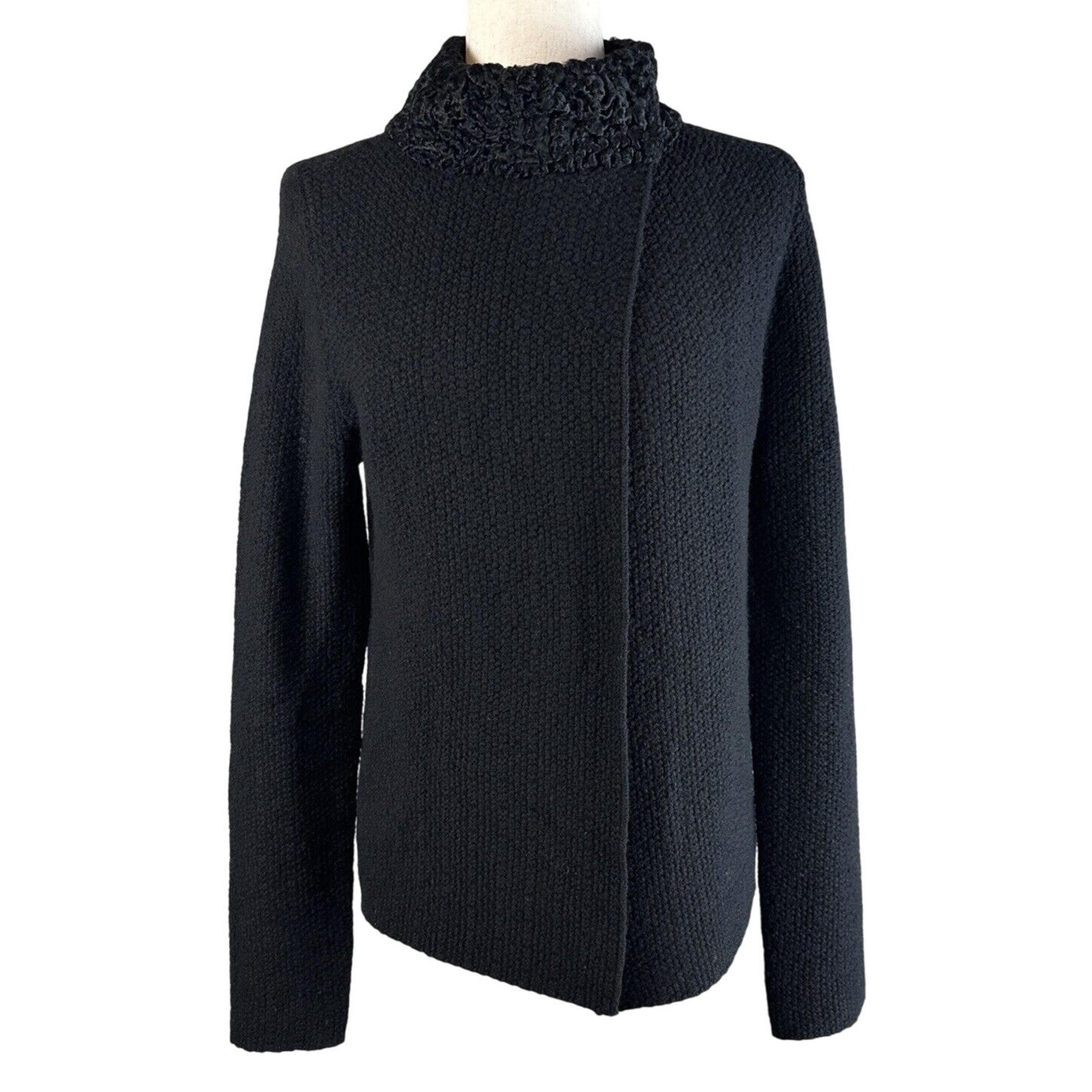 TSE Mock Neck Cardigan Jacket Sweater Size M Black Cashmere Lambs Fur Collar