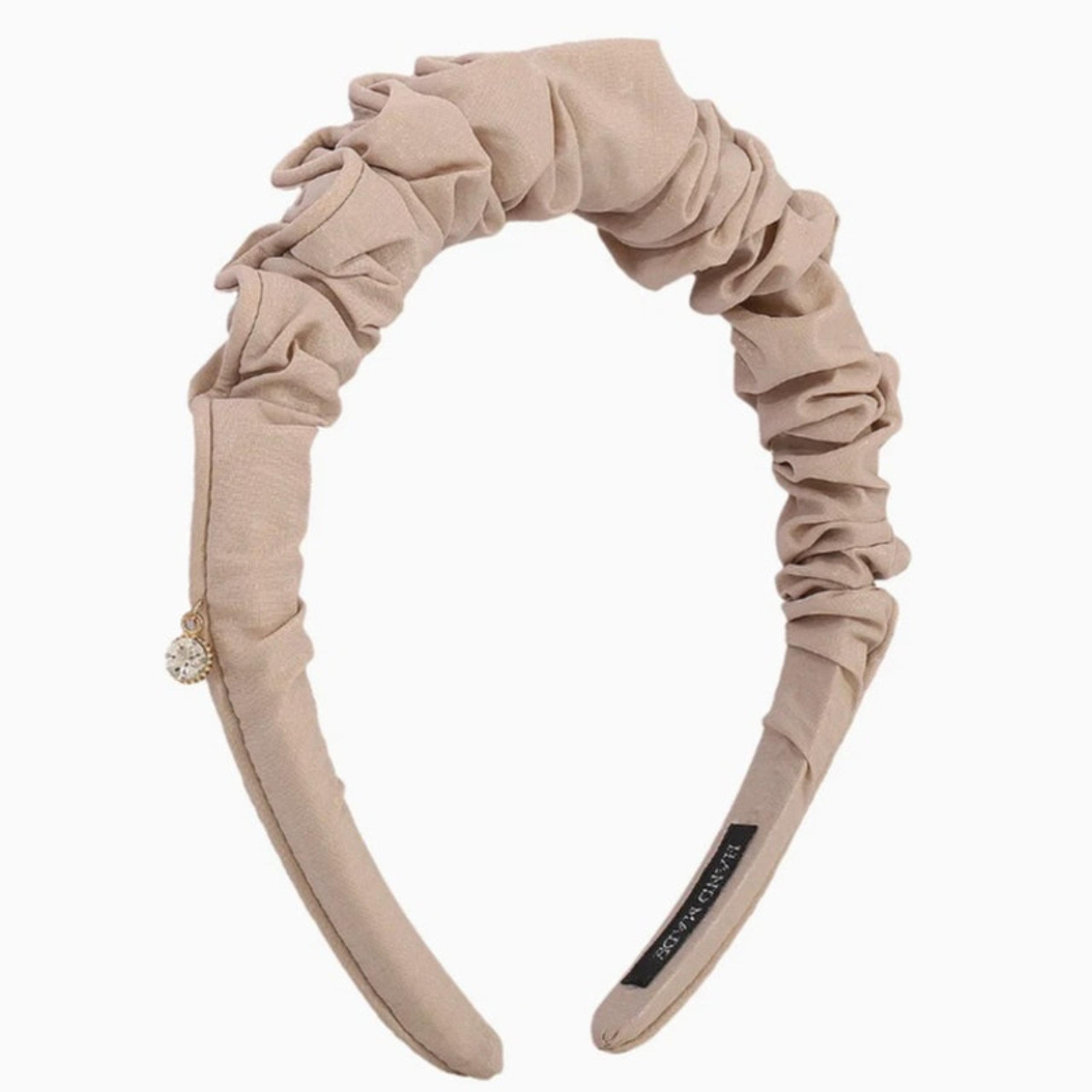 Boutique Cute Minimalist Tan Ruched Headband w/ Rhinestone Dangle Charm Accent