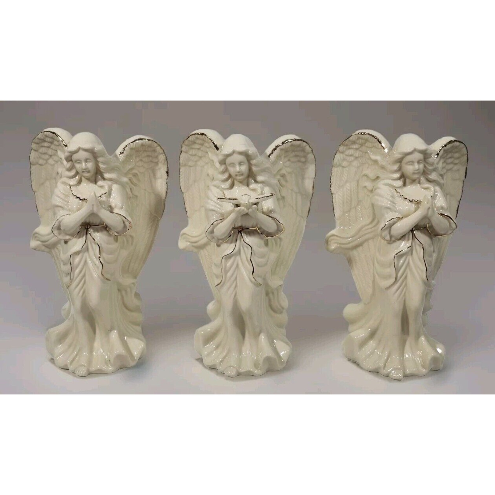 Set of 3 White Glossy Porcelain Angels w/ Gold Trim 8 Tall Candle Holder