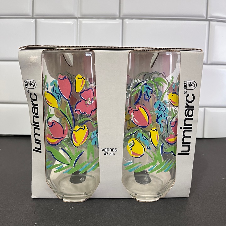 Vintage Luminarc Flower Glasses NEW 16 oz tumblers Set of 4 Floral Drinkware