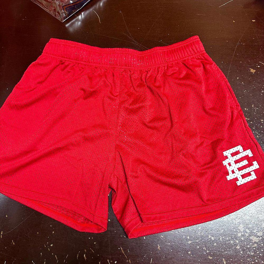 Eric Emanuel Mens Red Logo Elastic Waist Pockets Comfort Mesh Shorts Size medium