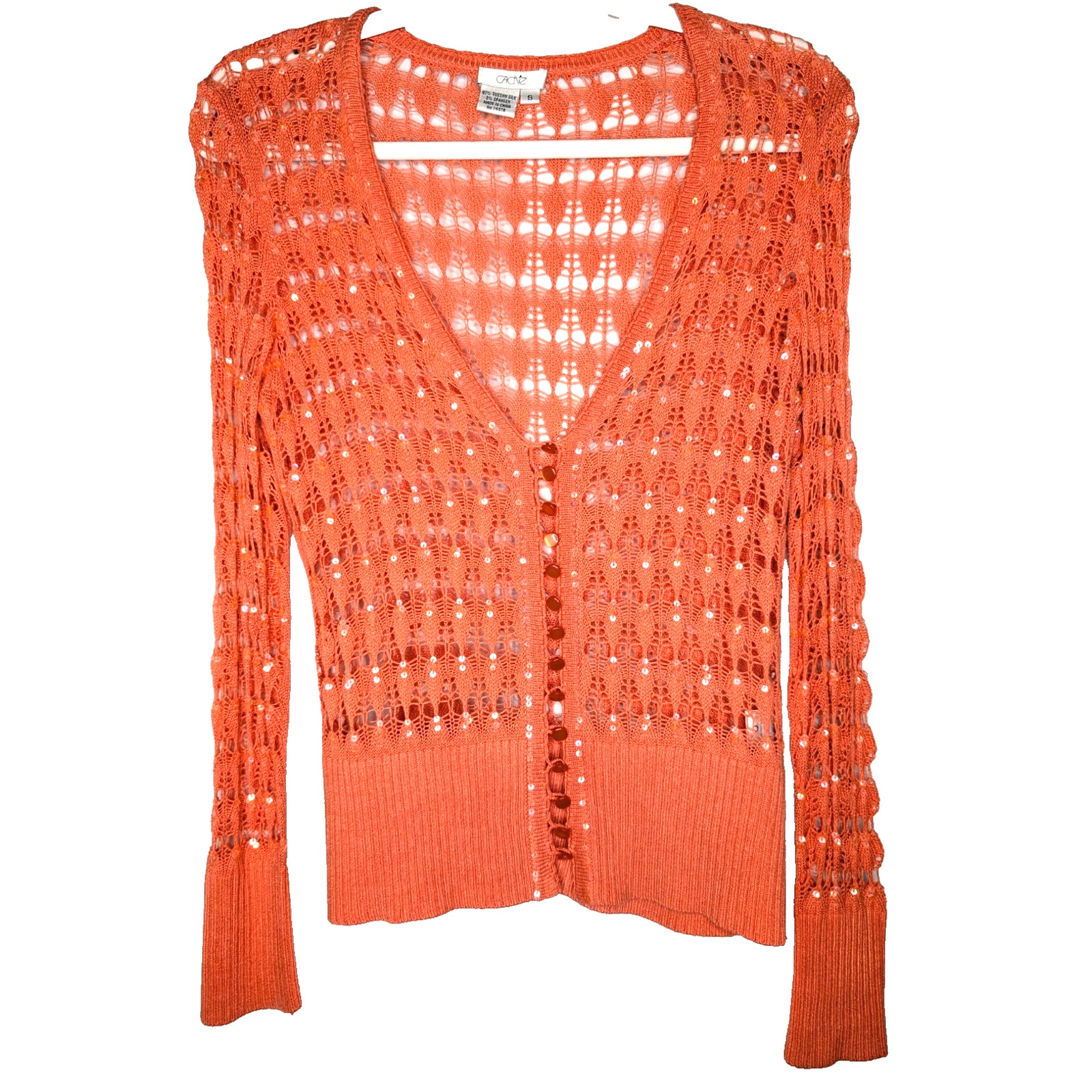 VTG 90s Y2K Cache Coral Silk Sequin Crochet Dainty Fairycore Coquette Cardigan S