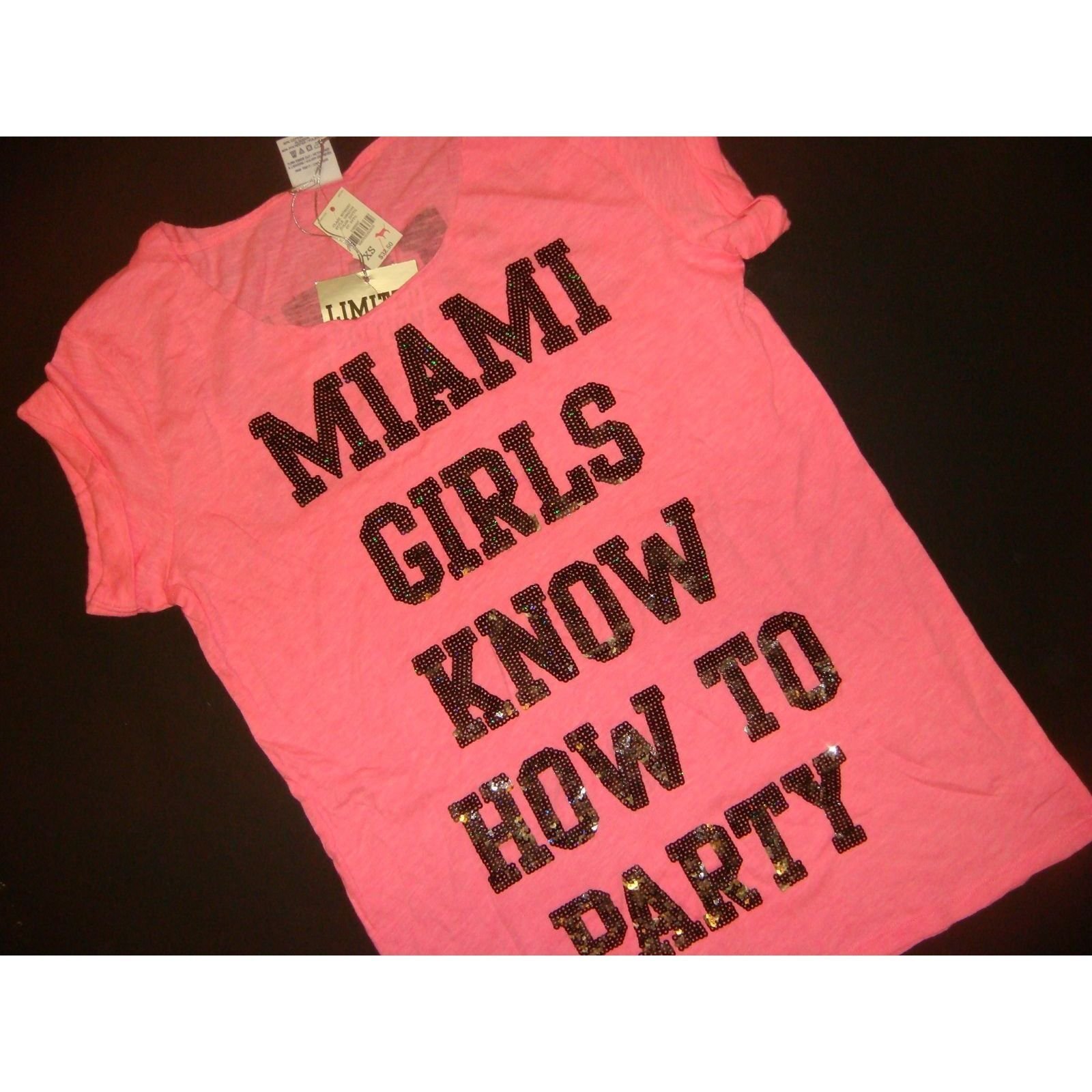Victoria's Secret PINK S T-SHIRT MIAMI GIRLS KNOW HOW TO PARTY Pink black sequin