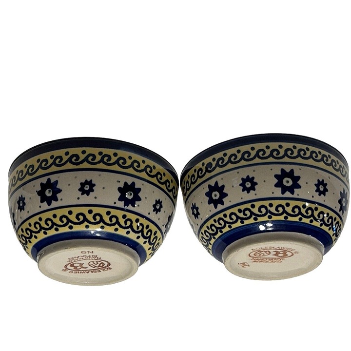 2 boleslawiec polish Art pottery Bowls Yellow Sun Blue Flowers Dinner