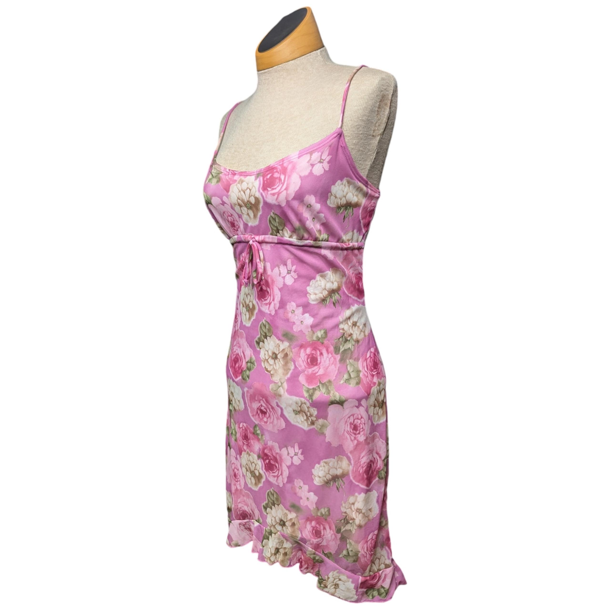 Vtg Y2K Candy Rocket Pink Rose Floral Print Ruffle Trim Chiffon Mini Dress M