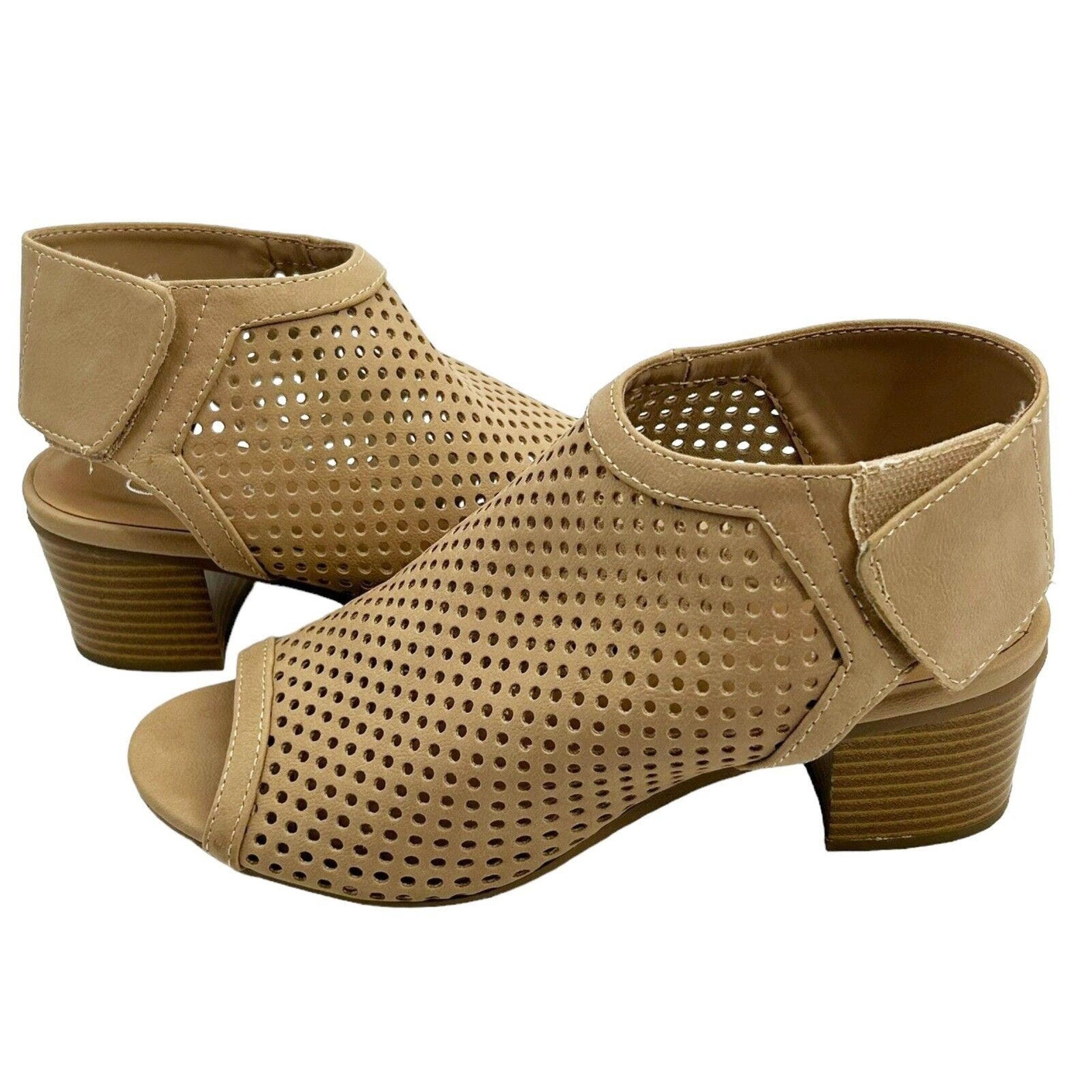 J. Adams Women Maddie Booties Peep Toe Low Block Heel Hook & Loop Strap Size 6.5