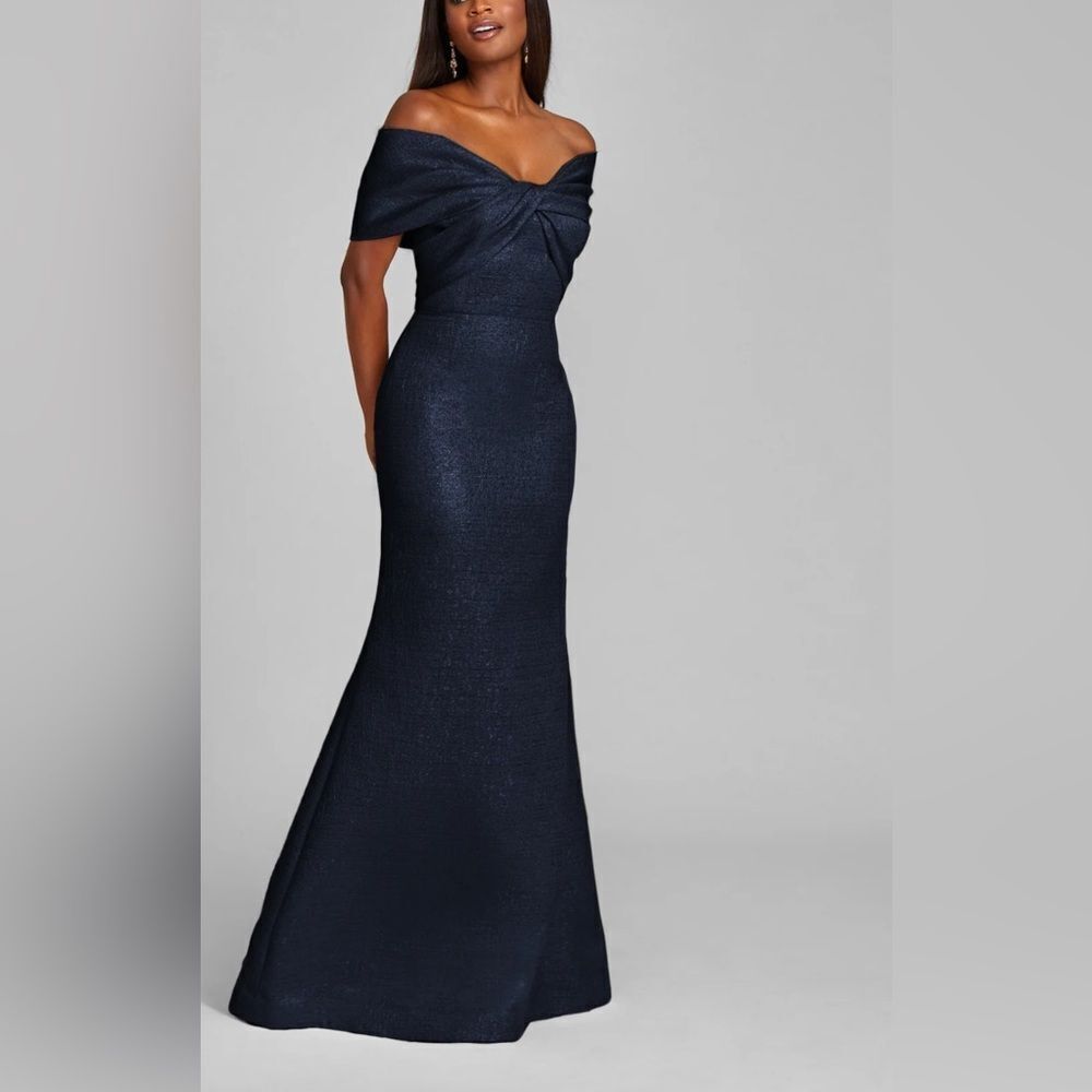Metallic Jacquard Twist Bodice Off Shoulder Gown Teri Jon