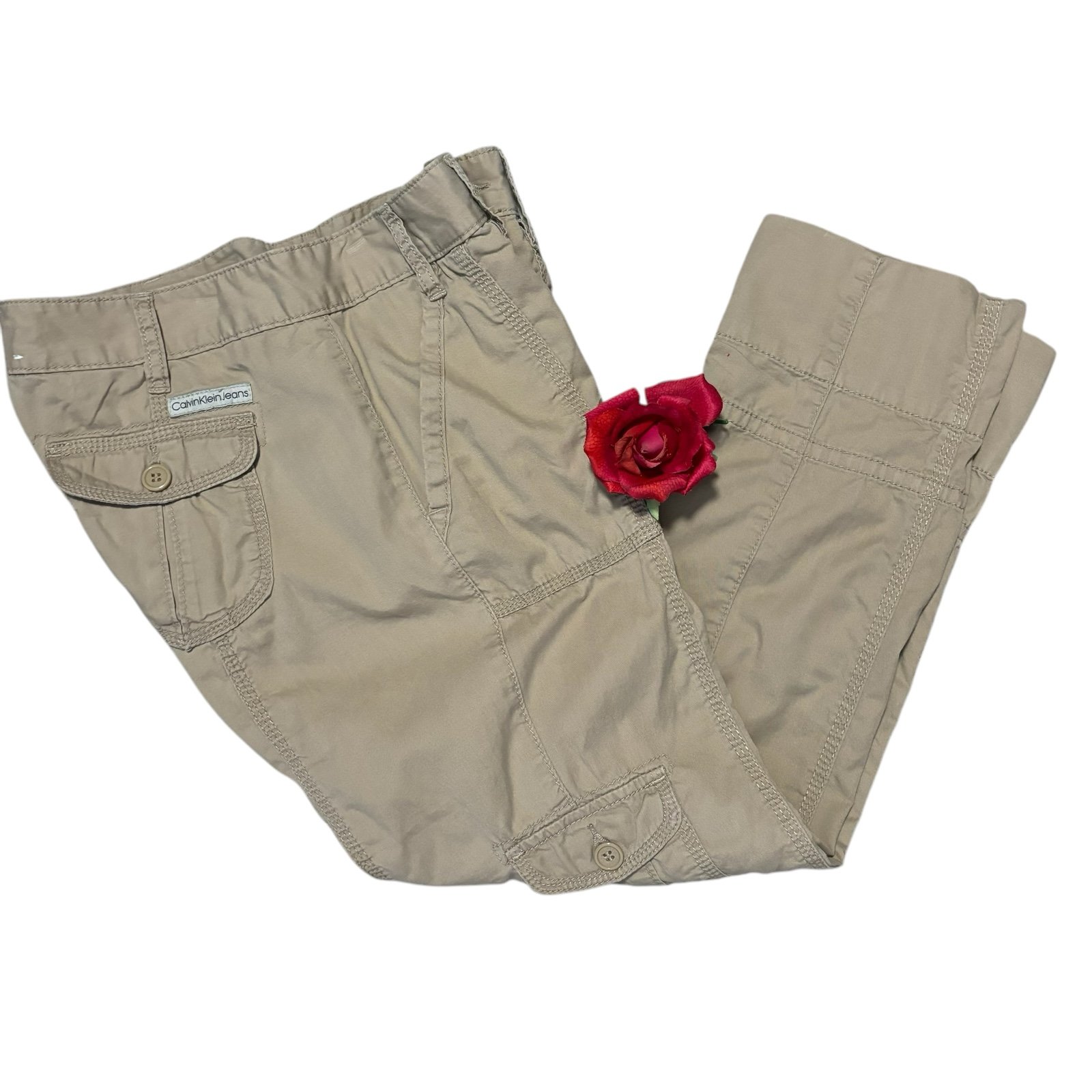 Calvin Klein jeans Sz 4 khaki tan casual cargo utility flat front pants cotton