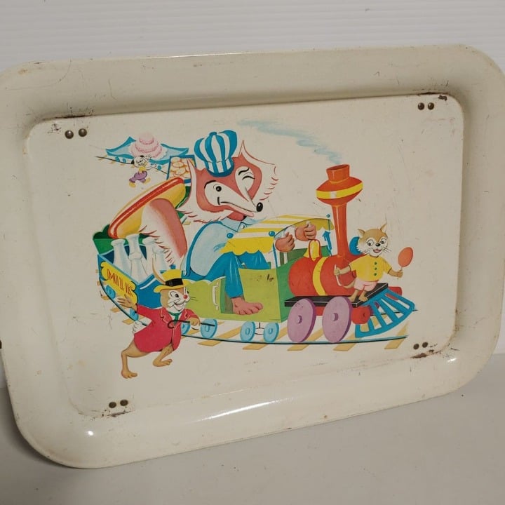 Vintage Toy Train Animal Locomotive Metal Food Serving Tray