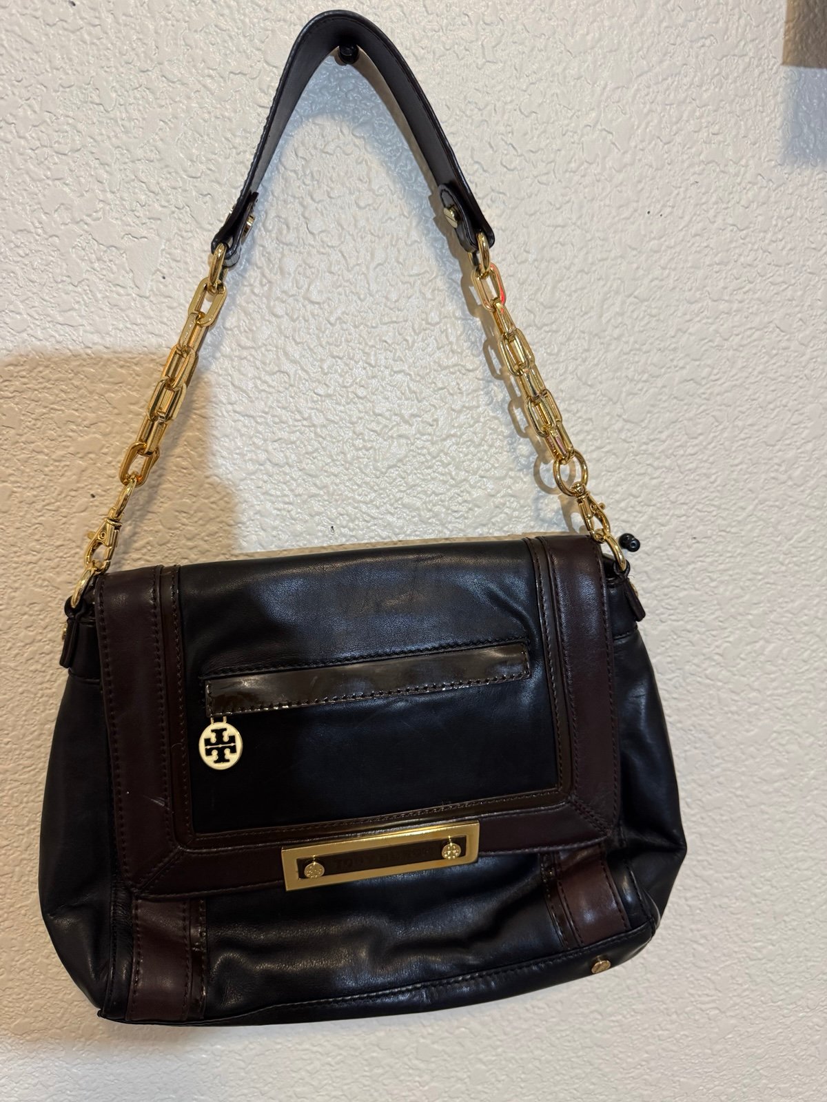 Tory Burch Leather Two Tone Black Brown Small Flap Bag