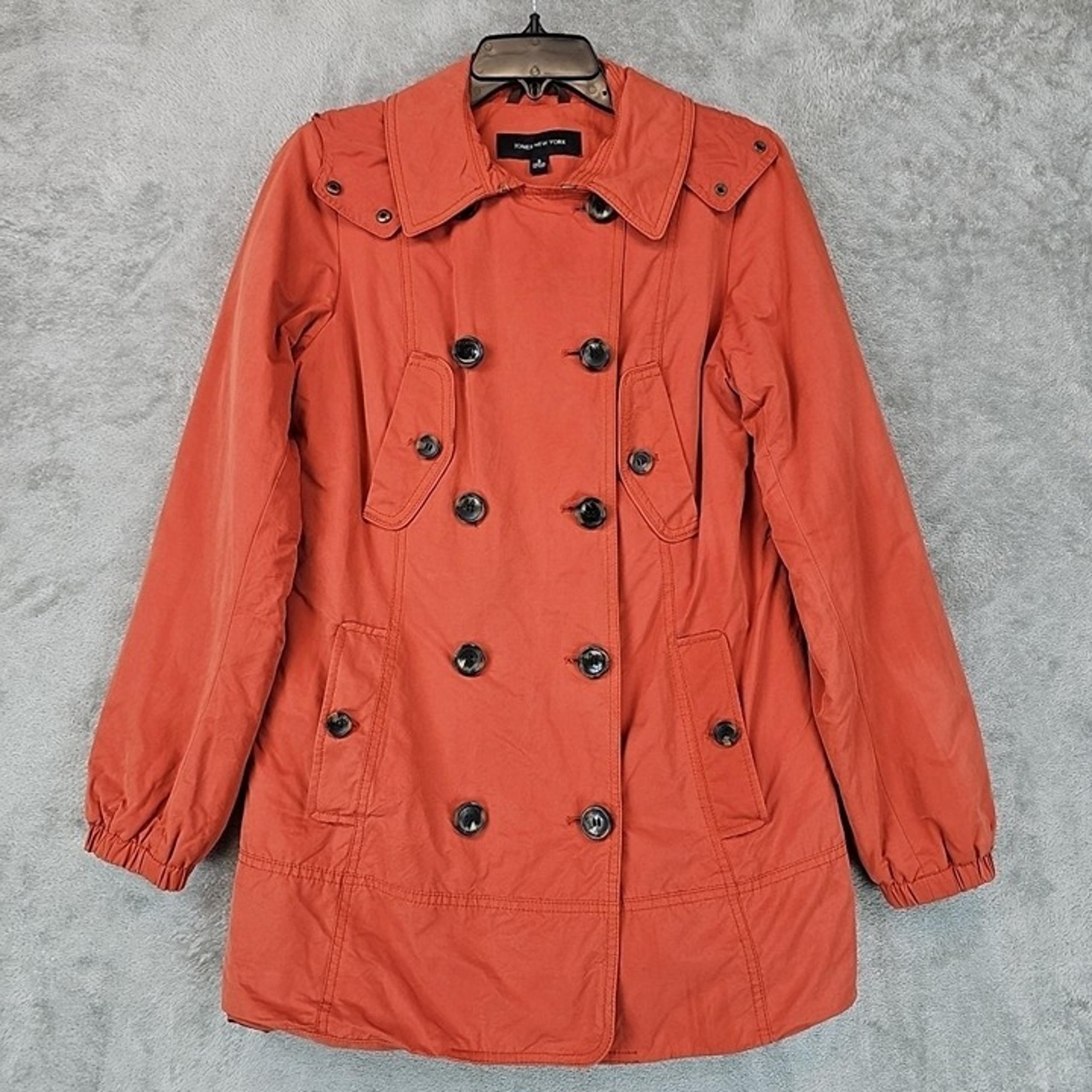 Jones New York Trench Coat Womens Size S Orange Hooded Insulated Double Breasted