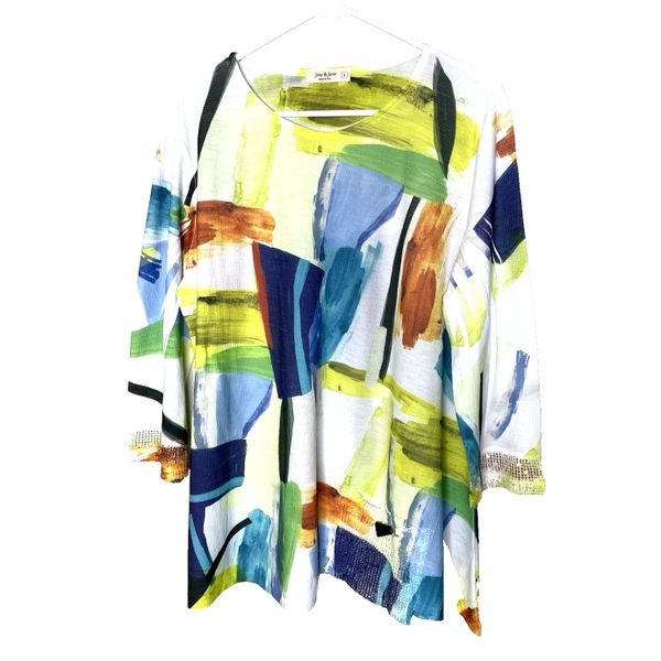 Jess & Jane L Abstract Art To Wear 3/4 Sleeve Blouse Shirt Tunic Top Artsy USA