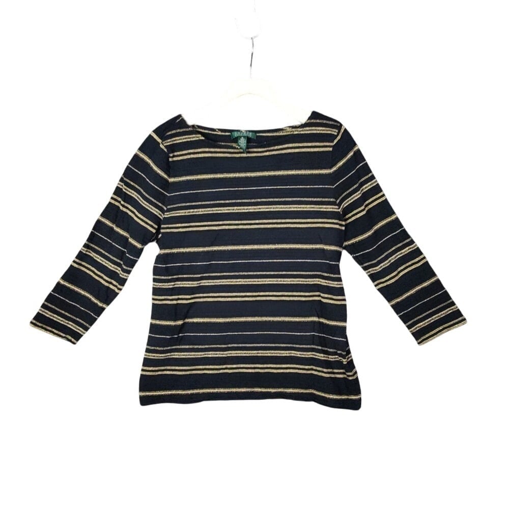 Ralph Lauren LRL Striped Knit Top Gold Glitter Accents Long Sleeve Womens Size L