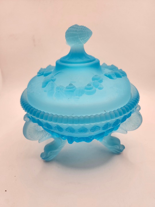 Vintage Westmoreland Argonaut Light Blue Satin Lidded Candy Compote Dish
