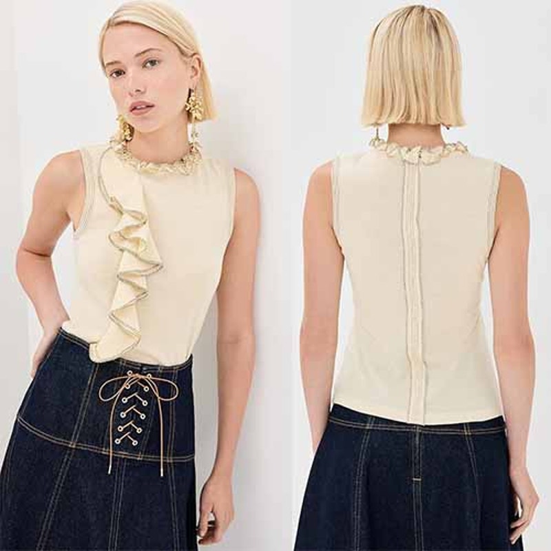 NWT Ulla Johnson Brea Ruffle Sleeveless Contrast Lightweight Wool Top Pearl