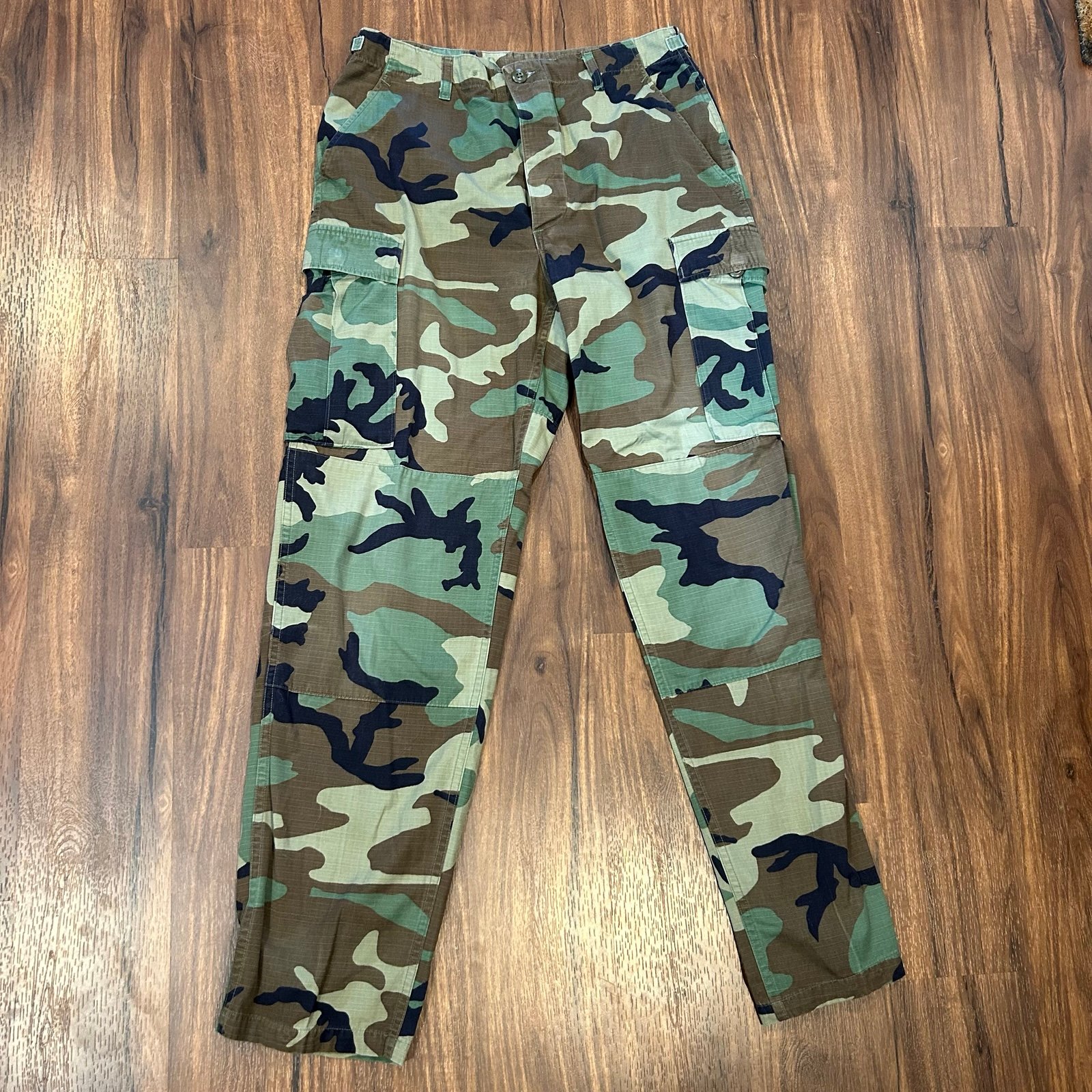 US Military Camo Camouflage Double Knee Cargo Pants Button Fly Size Medium Long