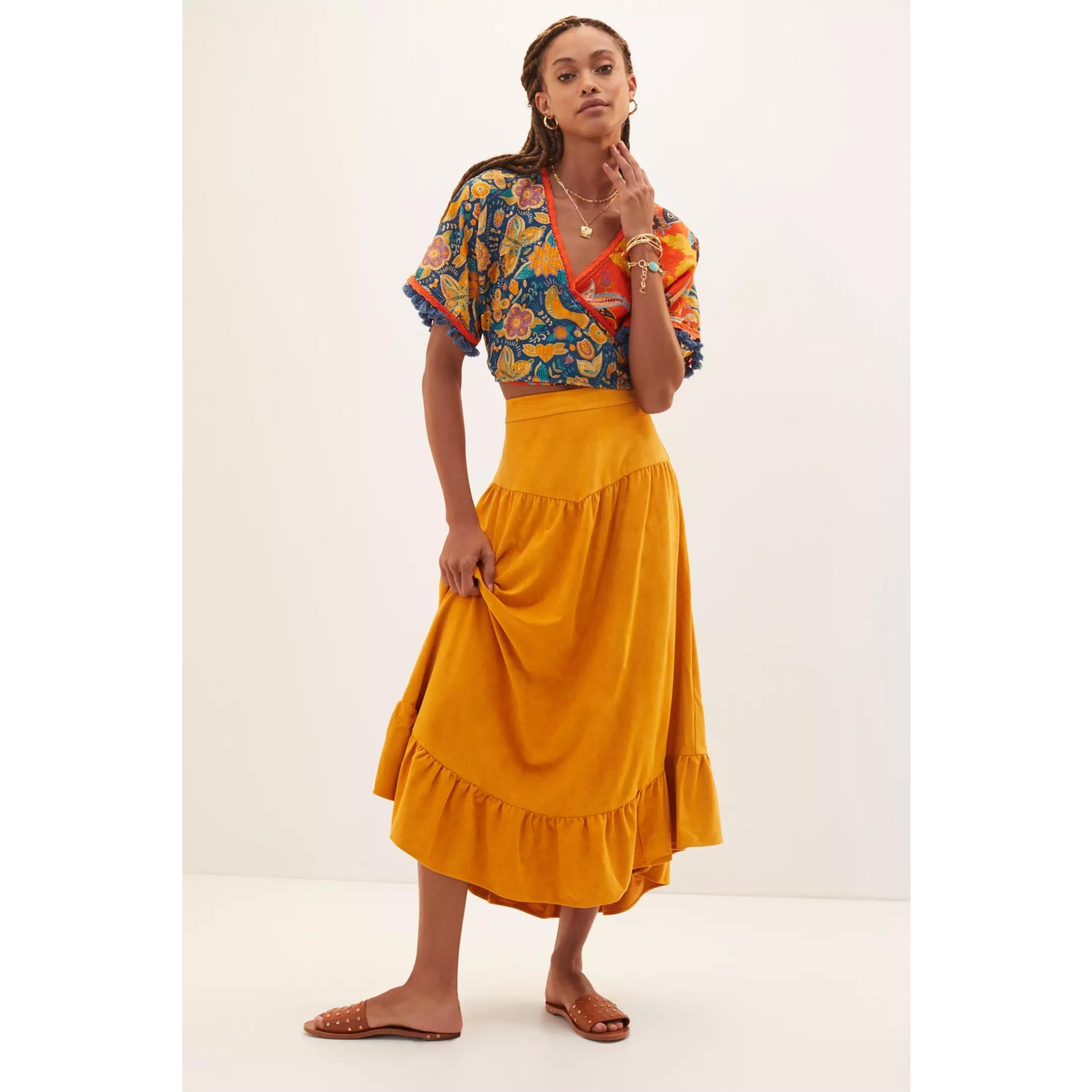 Anthropologie Skirt Womens Large Sueded Maxi Knit Ruffle Hem Pull On Honey Gold