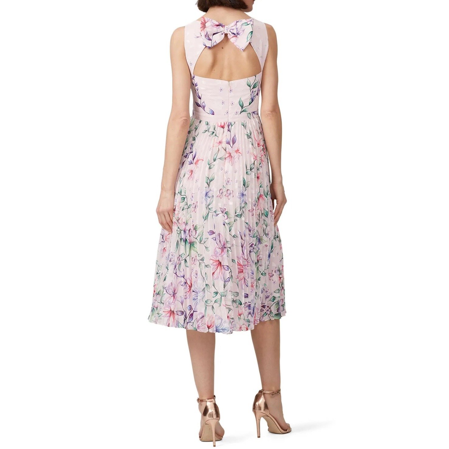 MARCHESA NOTTE Pink + Multi Pleat Jacquard Floral Rear BOW Dress US 8
