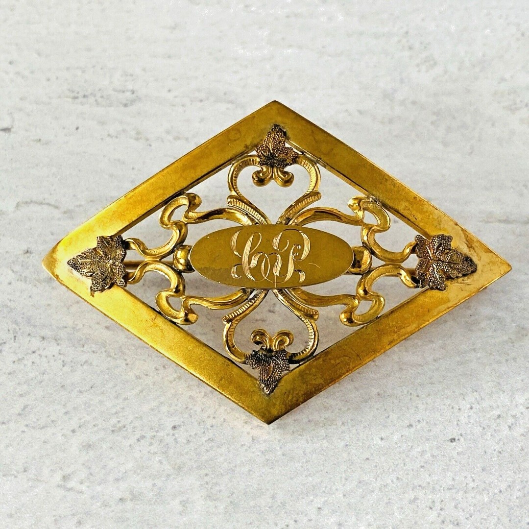 Antique Victorian Open Work Diamond Gold Tone Sash Brooch Engraved CP