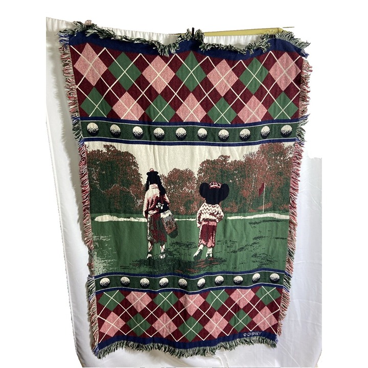 Vintage Disney Tapestry Woven Throw Golf Blanket Mickey Mouse Goofy 45 x 68