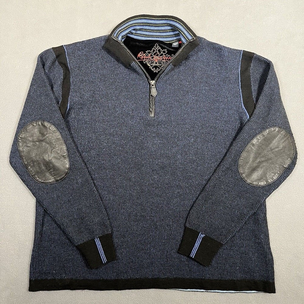 Robert Graham 1/4 Zip Wool Sweater Men 2XL Blue Golf Preppy Elbow Patches
