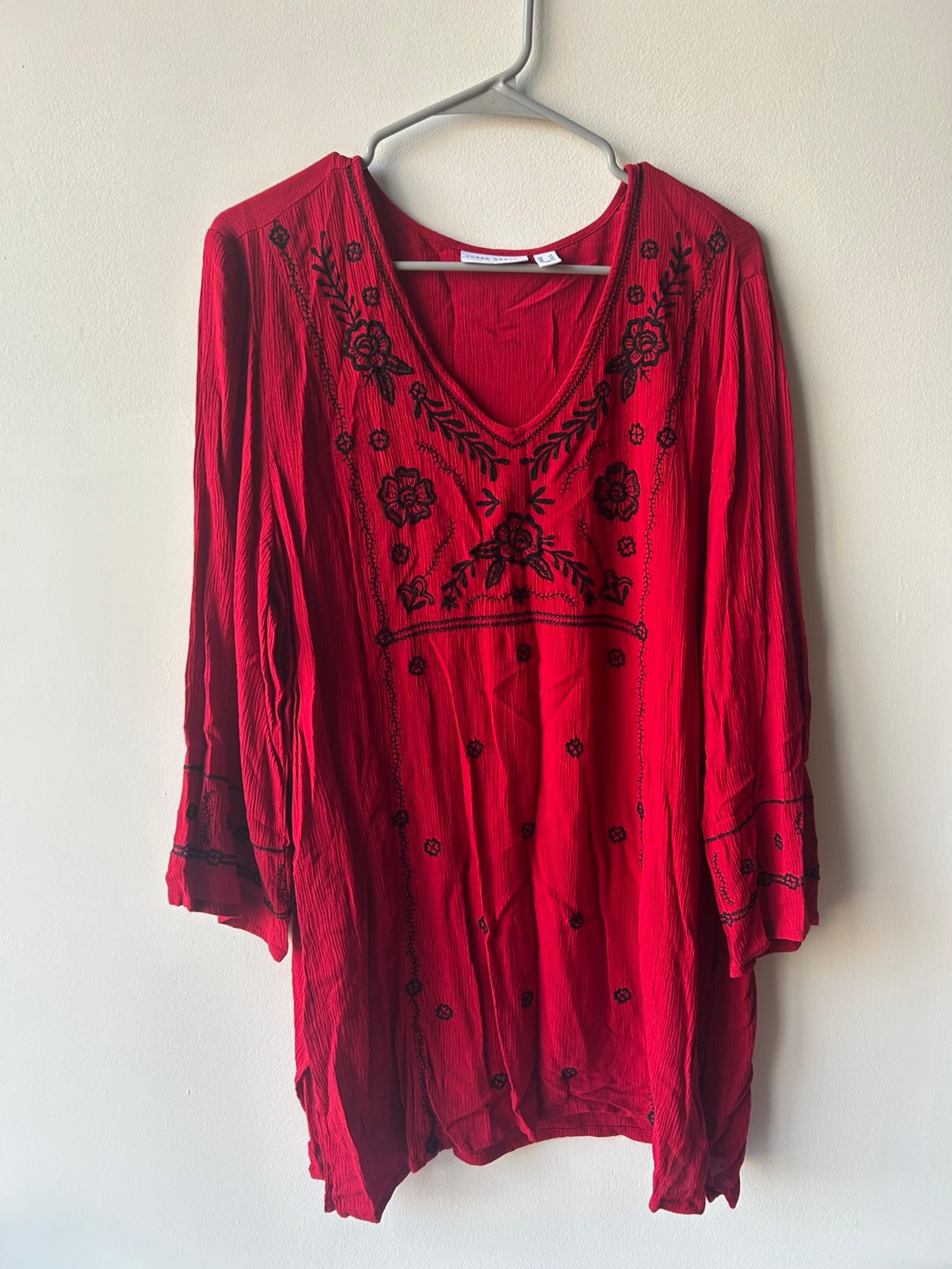 Susan Graver Red Embroidered Crinkle Gauze V-Neck Tunic Sz L