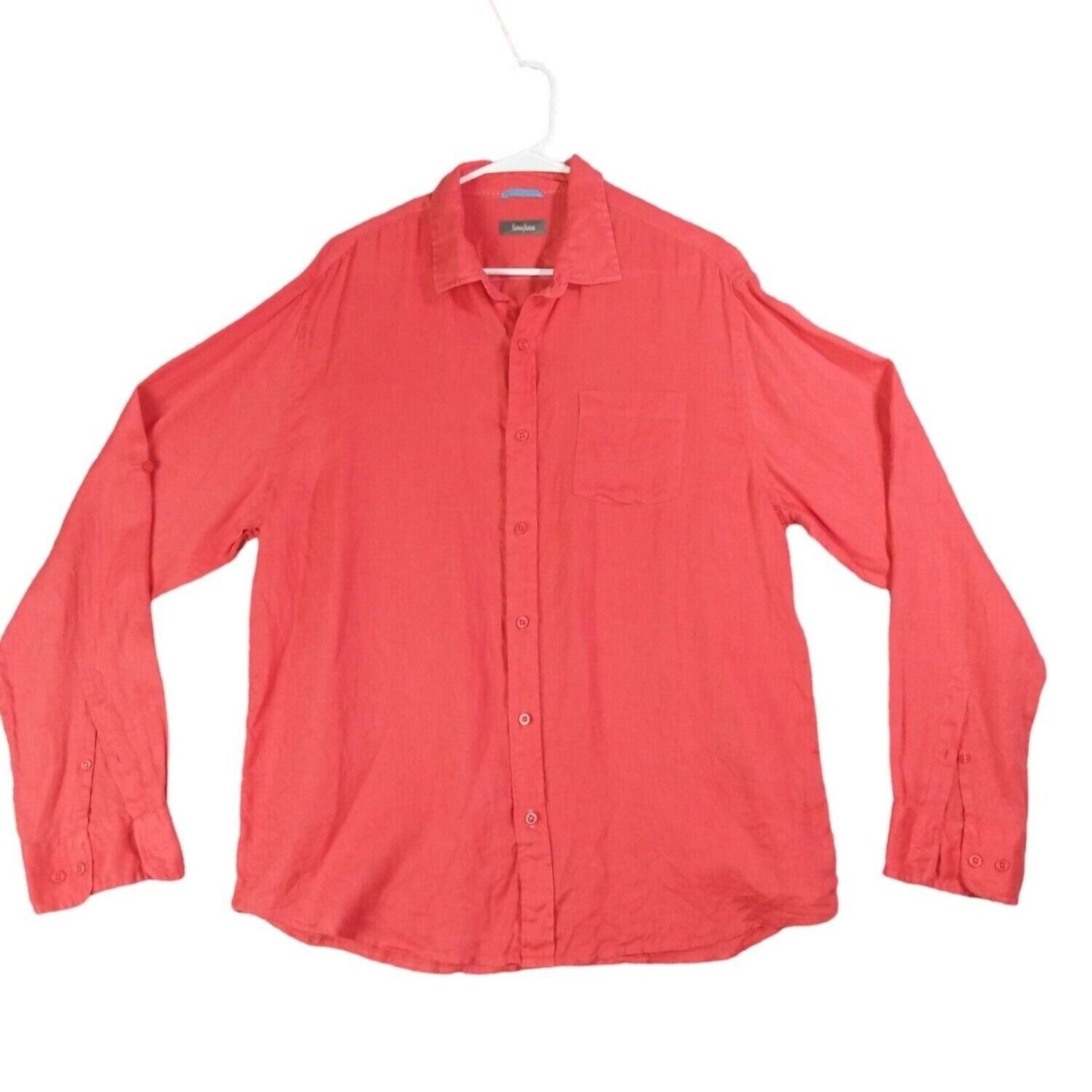 Neiman Marcus Linen Button Down Shirt Coral Long Sleeve Travel Resort Mens SZ XL