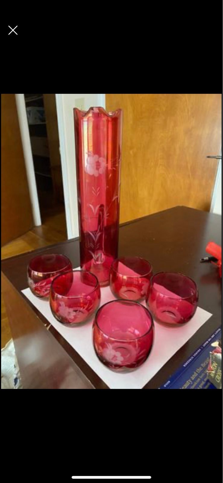 Vintage Roosevelt cocktail decanter with matching lowball/rocks glasses.