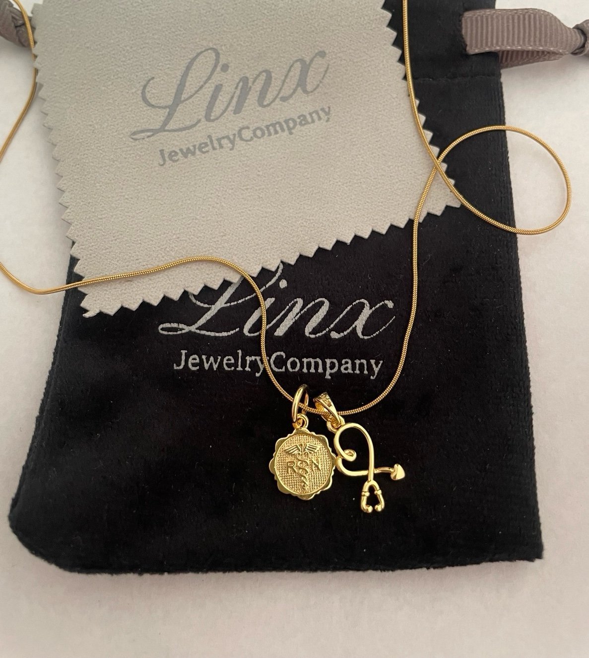 22in Gold Necklace with Registered Nurse RN and Gold Stethoscope Charms