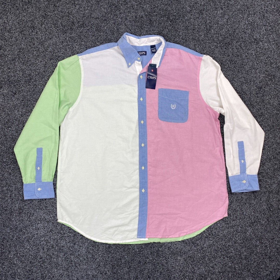 Vintage NEW Chaps Color Block Pastel Shirt Crest Long Sleeve Shirt Mens Size 2XB