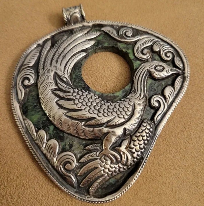 Tibetan Turquoise & Repoussé Silver Bird Pendant