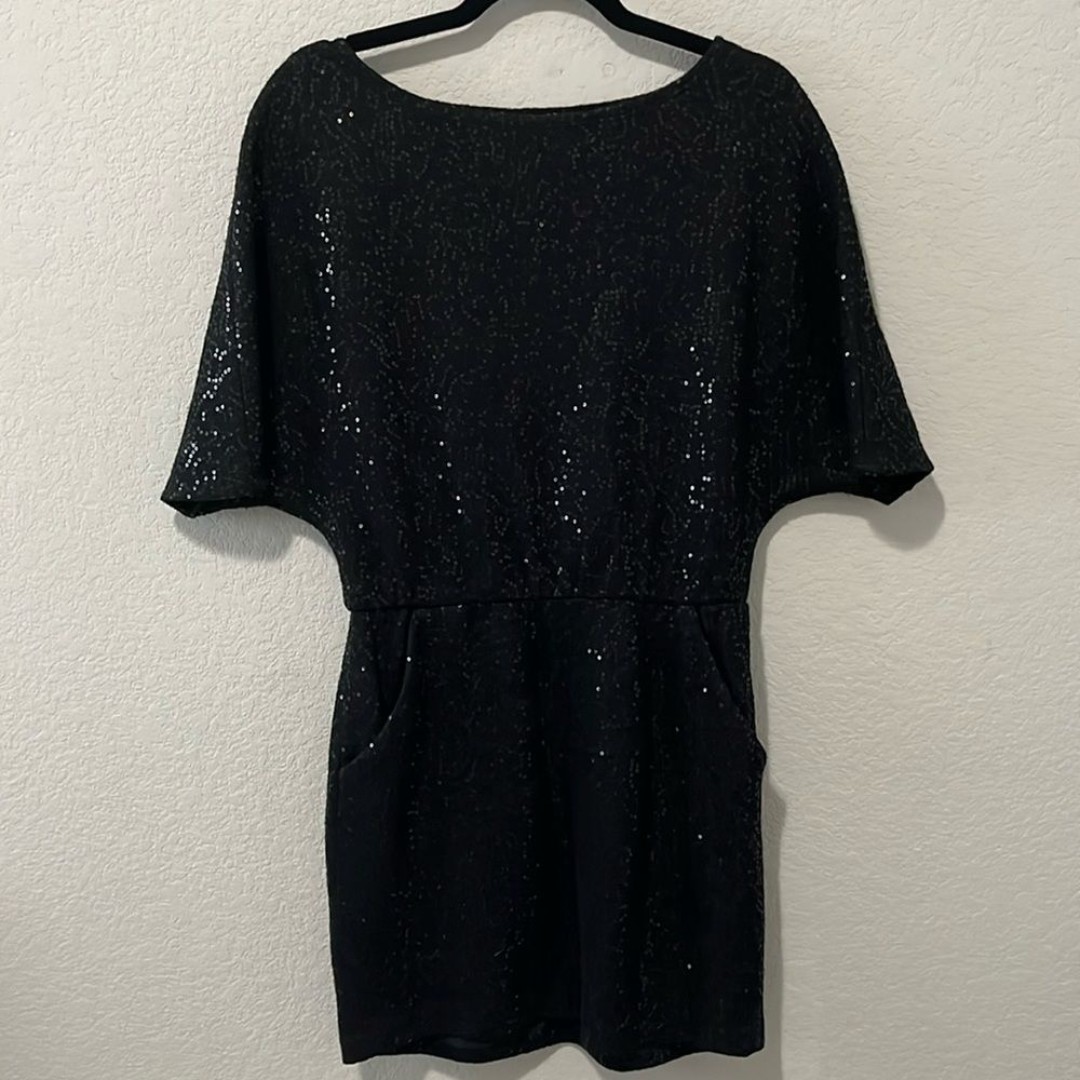 BIRD BY JUICE COUTURE Short Sleeve Black Sequin Dress, Pockets, Size S