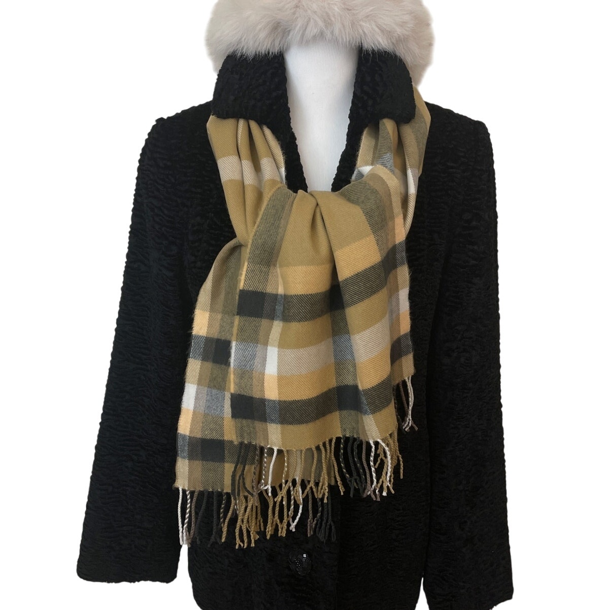 Cashmere Scarf made in Scotland Tan, Black Plaid 67 in. x 12 in. NWOT