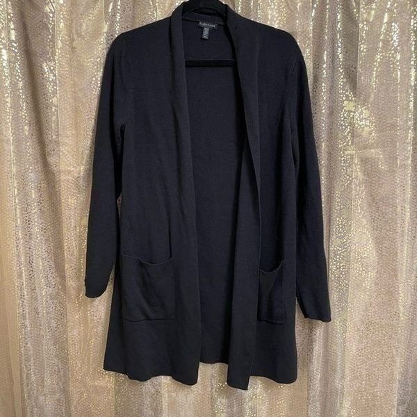 Eileen Fisher Black Open Front 100% Wool Cardigan Medium Flawed
