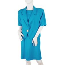 Leslie Fay Women's Sheath Dress Suit Size 14 Blue Short Sleeve Blazer Vintage