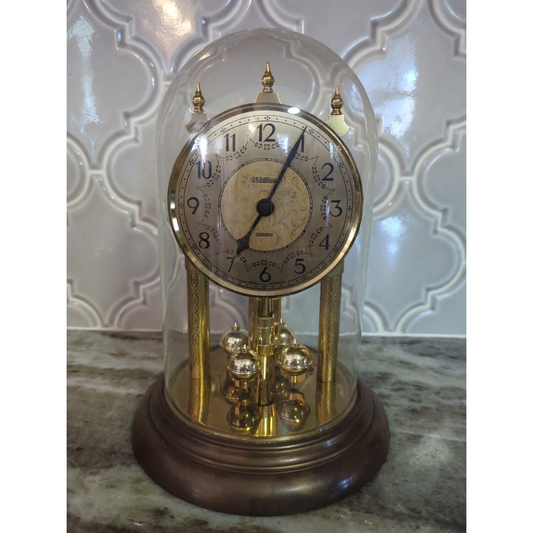 Rare Vintage Waltham Anniversary Clock Quartz Glass Dome Spinning Desk Shelf