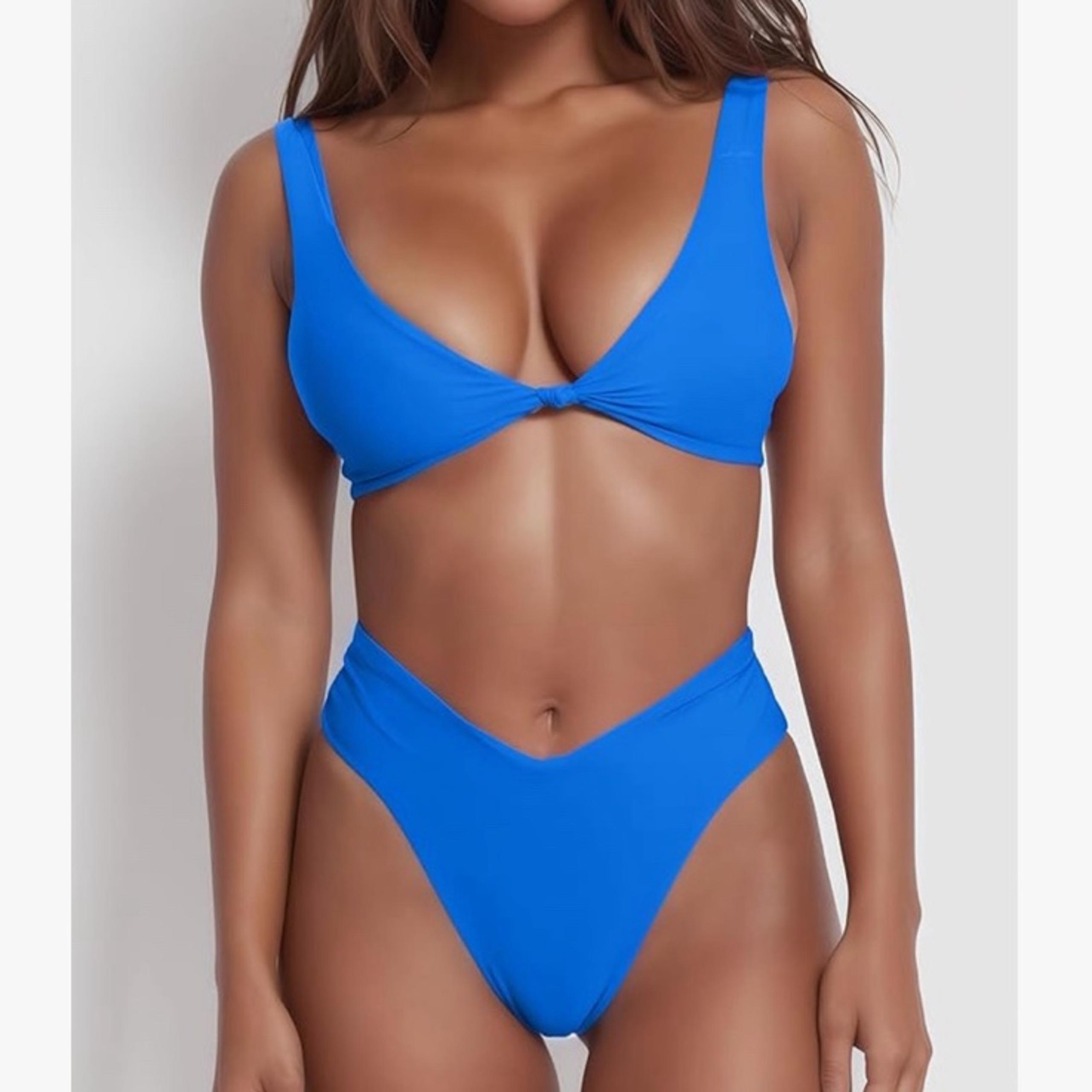 geluboao Blue V Neck Knot Front, High Leg Thong Two Piece Bikini Set Swimsuit, L