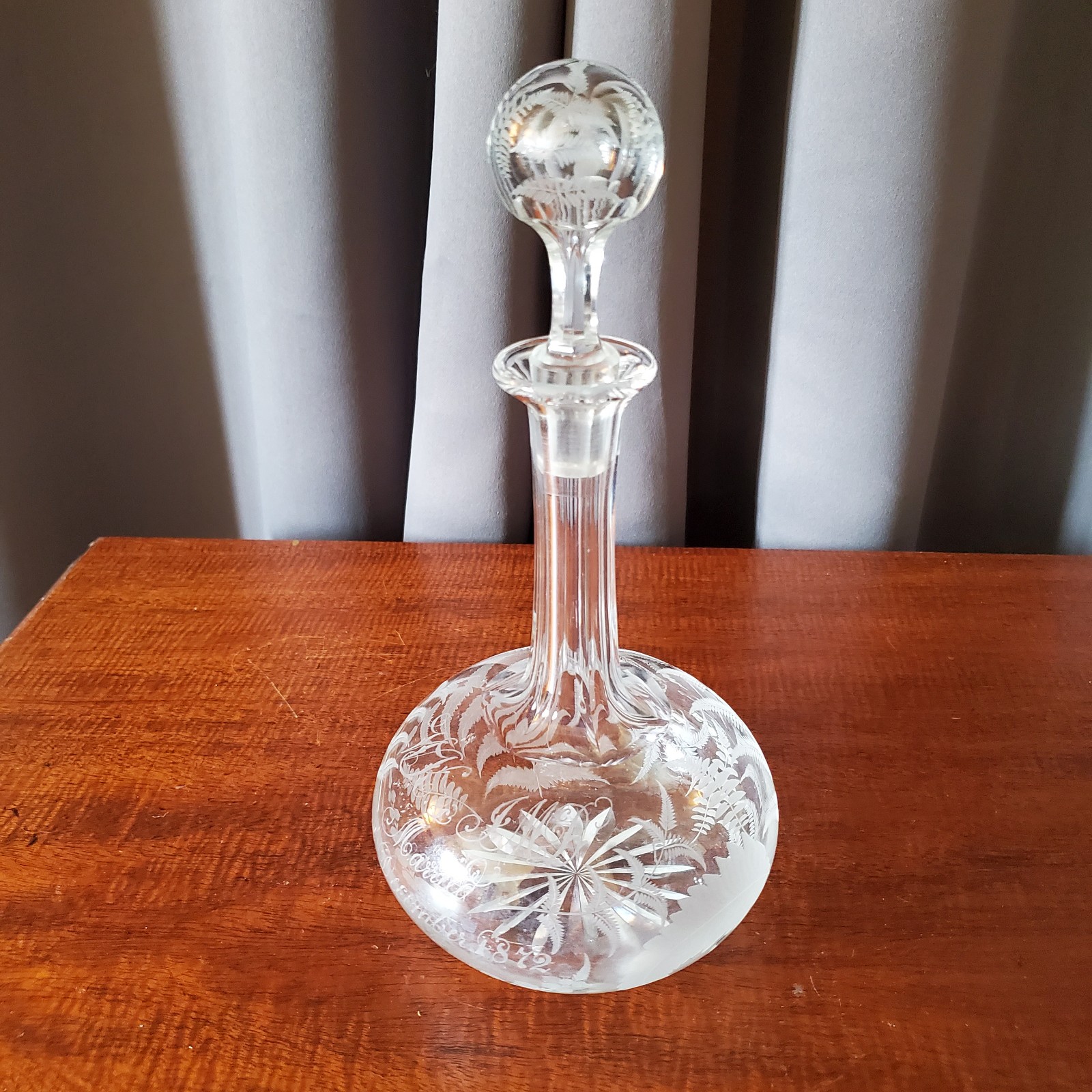 Antique 19th Cent. Victorian Fern Etched Glass Decanter, Engraved Wedding 1872