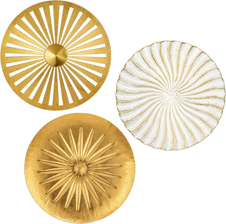 12 Wall Décor Pack of 3 Metal Gold & White Washed Starbursts Radial Plate Wall