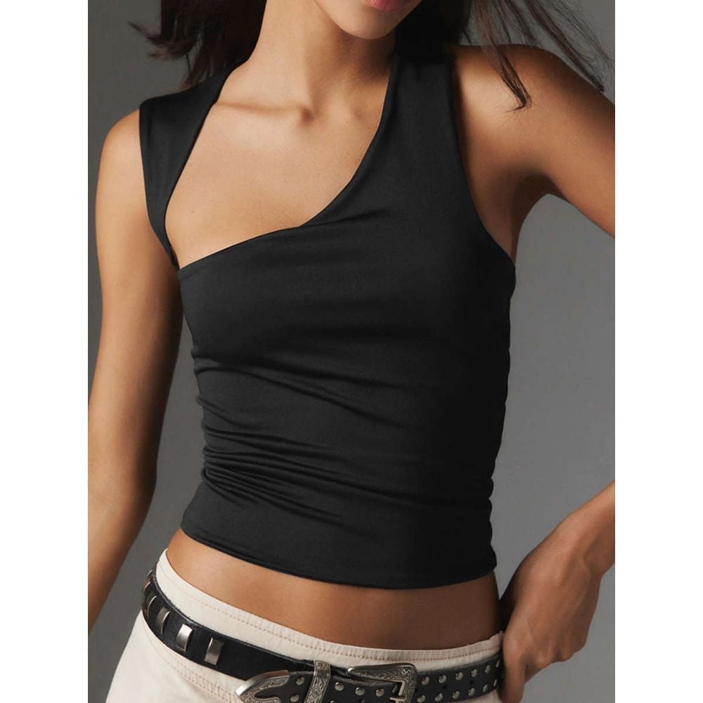 Commense Stylish Black Asymmetric Neck Cut Out Top Crop Blouse S