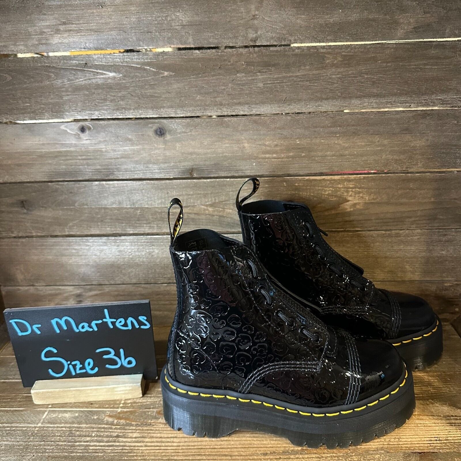 New Womens Dr. Martens Sinclair Black Leather Leopard Platform Boots Size 5 M