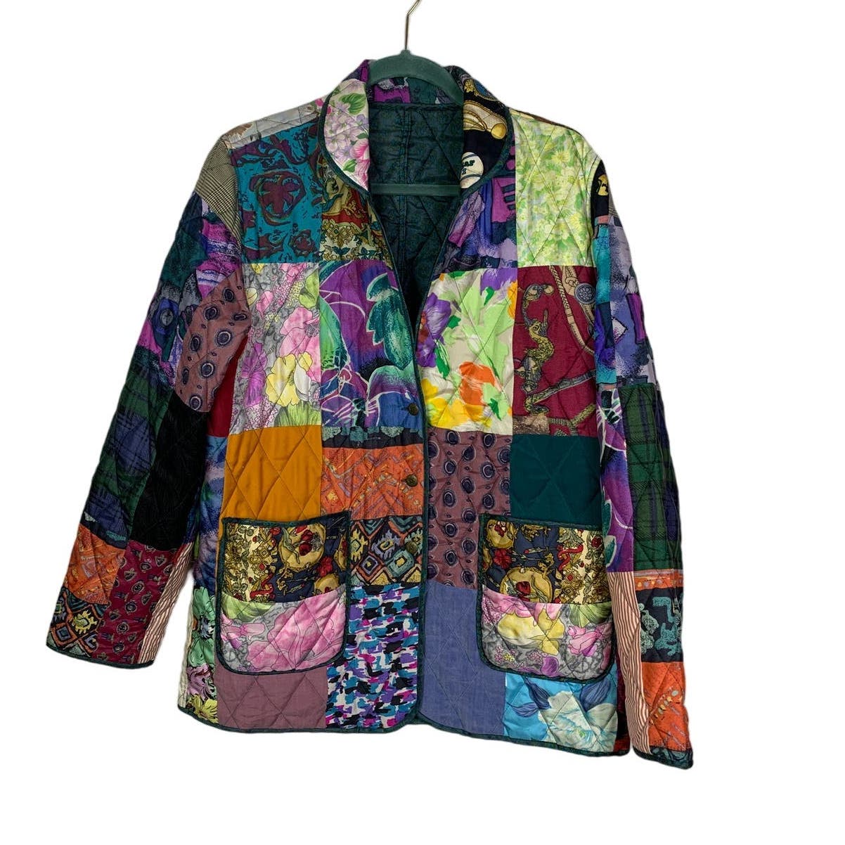 Rare 100% Silk Patchwork Multicolor Quilted Reversible Jacket , Size Small
