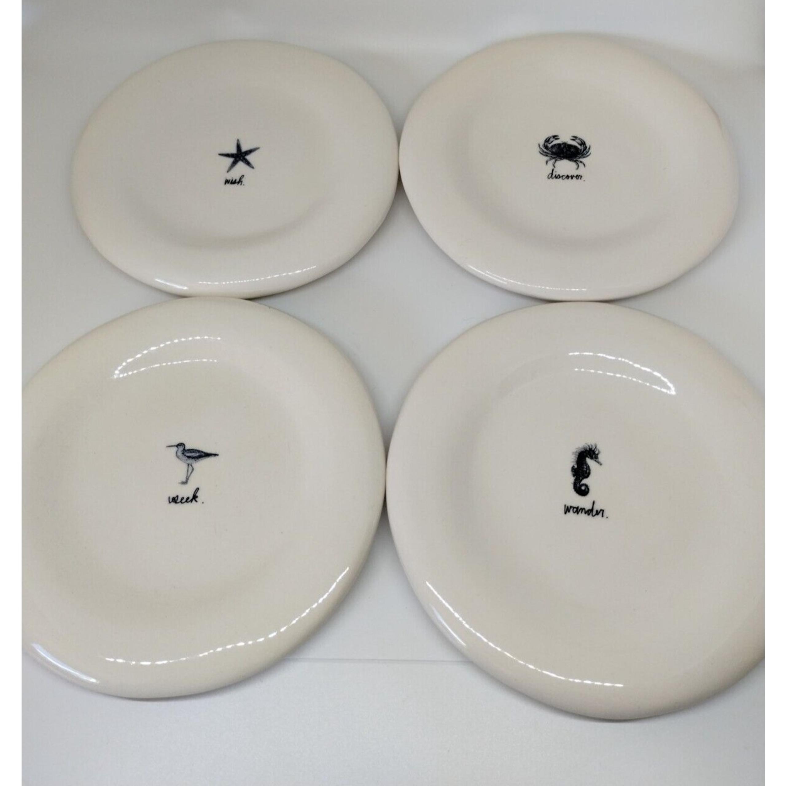 4 Rae Dunn by Magenta 6" Appetizer Plates Beach Wander Seek Wish Discover Crab