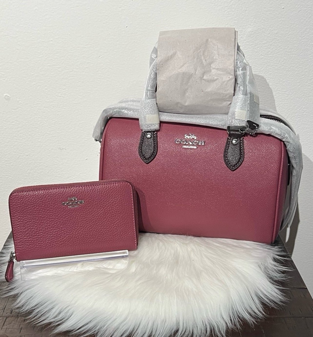 NWT COACH Rowan Satchel & Matching Wallet Lt. Raspberry Silver Hardware