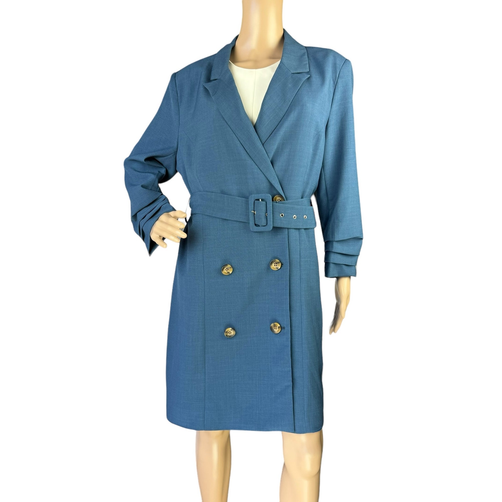 Adelyn Rae Women Blue Notched Lapel Pleated Cuffs Belted Dress Trench Coat XL