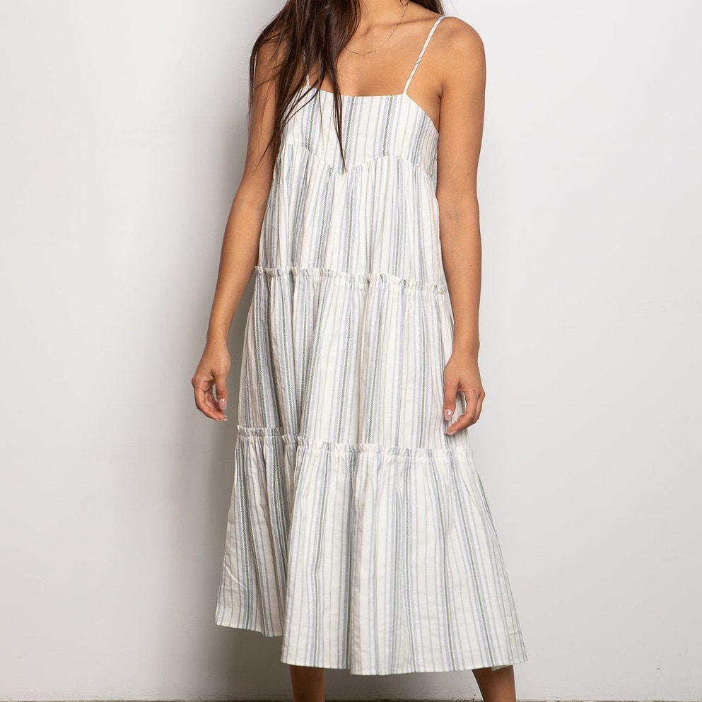 dRA Los Angeles Noelle Sage Green Stripe Sleeveless Flowy Midi Dress Small