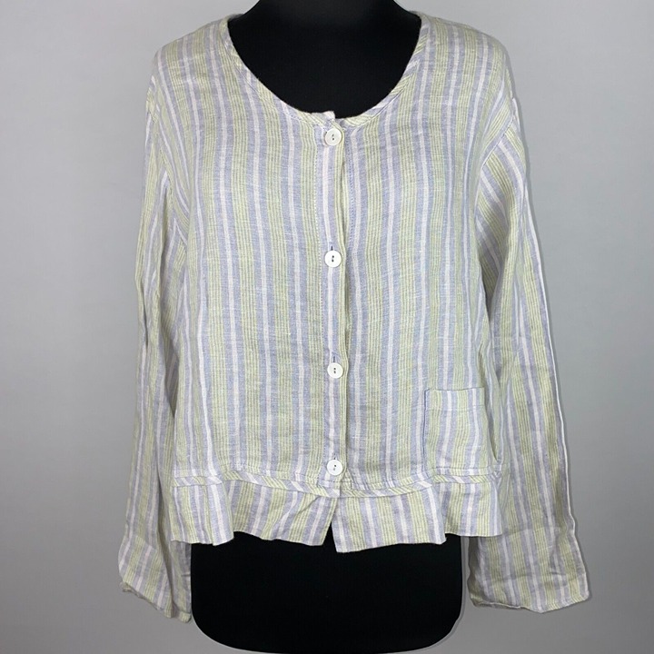 Flax M Multicolor Striped Linen Lagenlook Boxy Button Down Long Sleeve