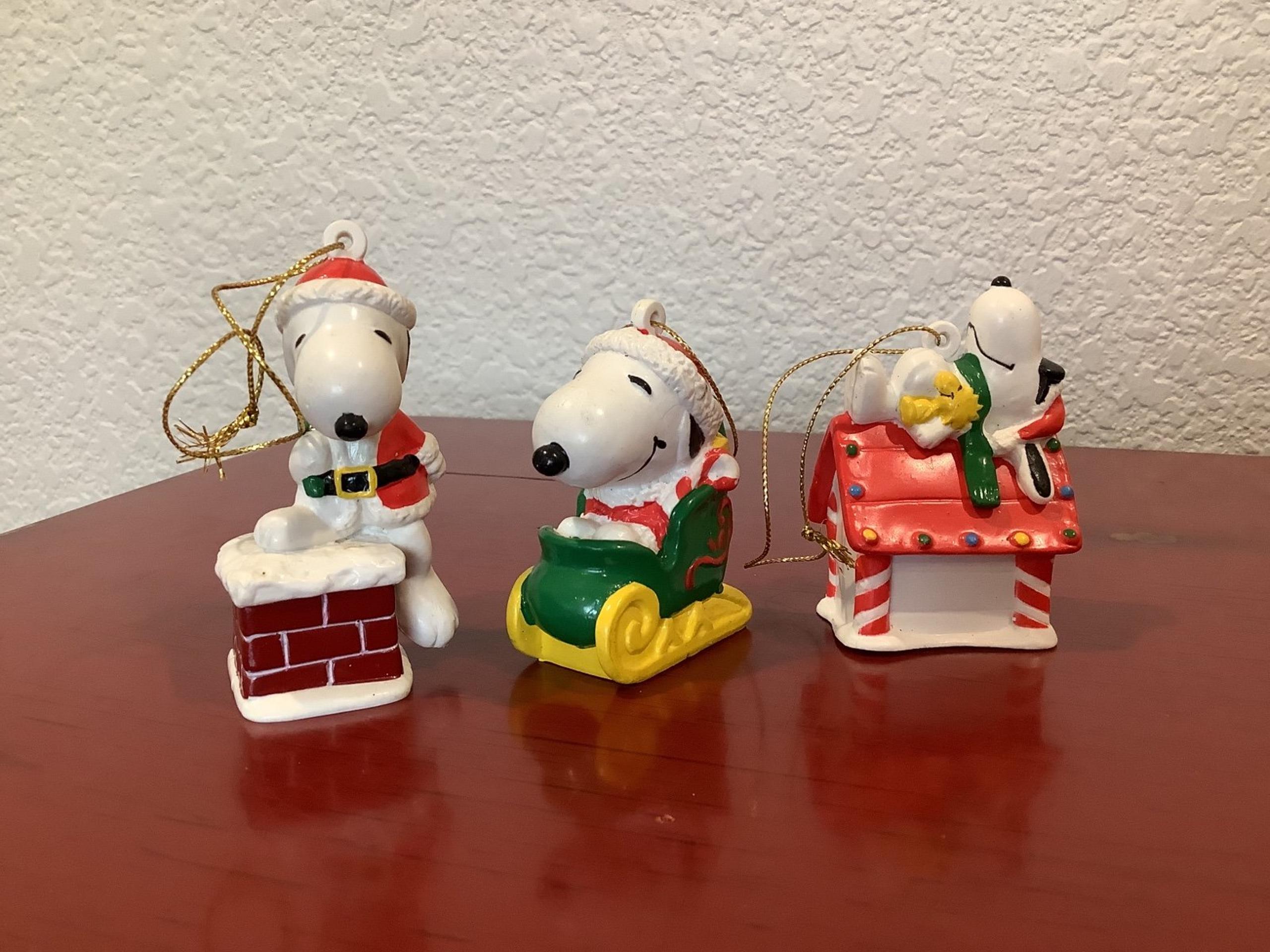 VINTAGE Peanuts Snoopy Christmas Ornaments Lot of 3 Woodstock Sleigh Gifts~NICE~