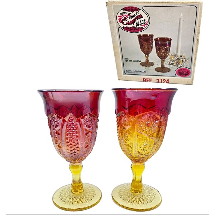 Indiana Glass Amberina Sunset Carnival Glass goblets w/box