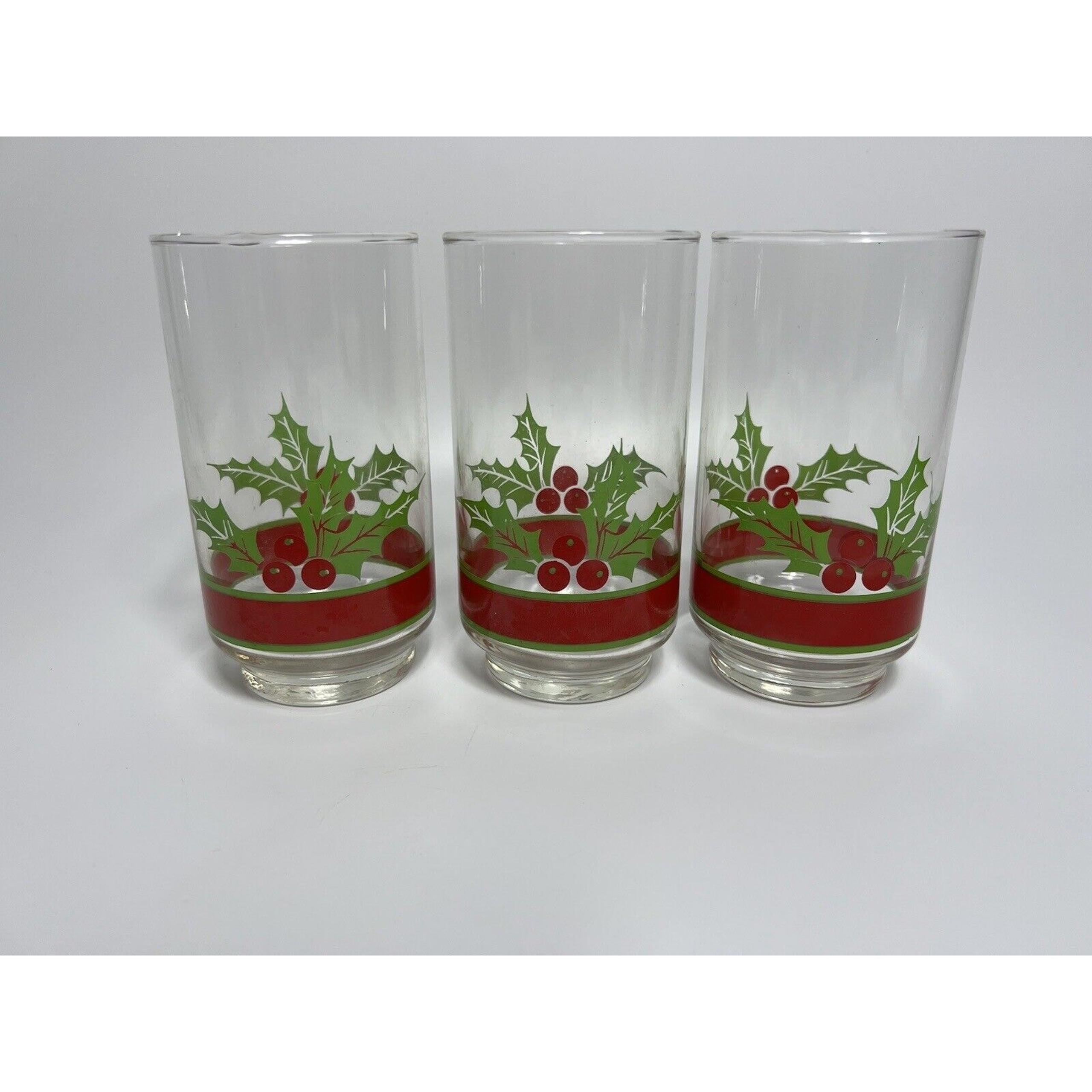 3 Libbey Glass Holiday Holly Berry Drinking Glasses Libby Chirstmas 5 3/4"